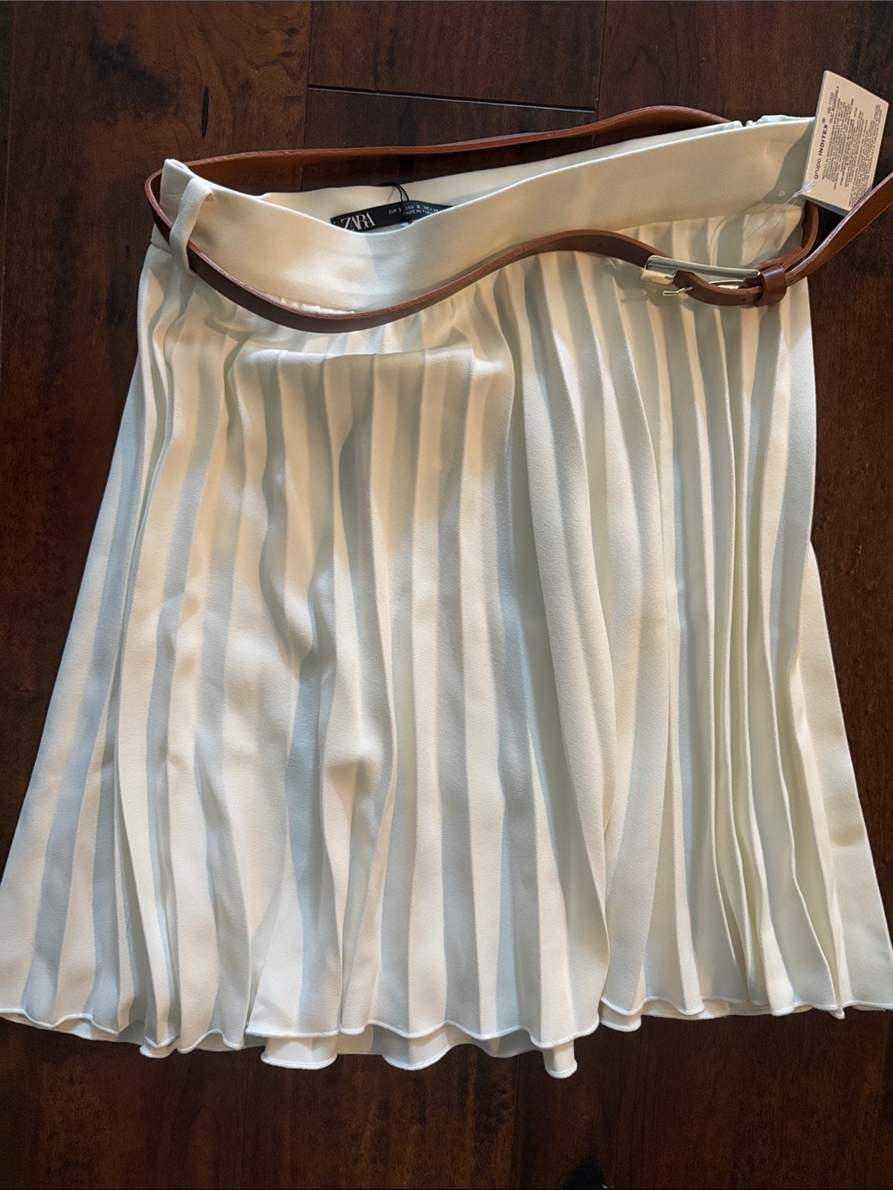 Zara Cream Pleated Skirt with Brown Belt Detail
